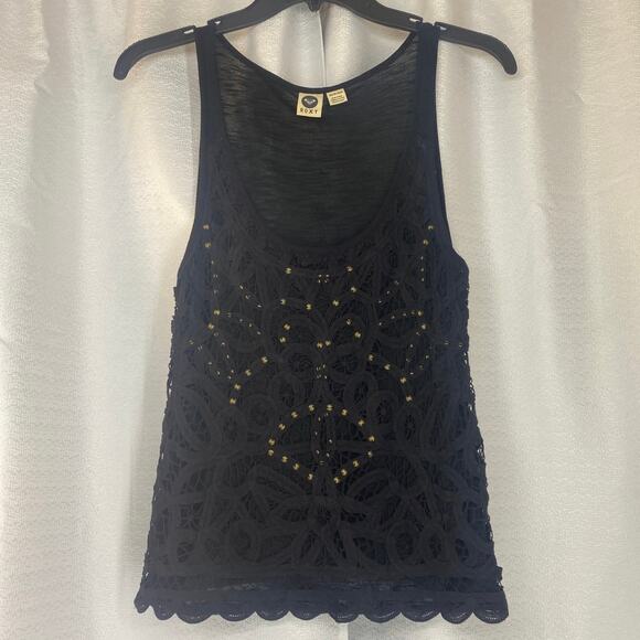 Roxy Black Sleeveless Lace Tank Top metal studs women sz XS - Picture 1 of 7